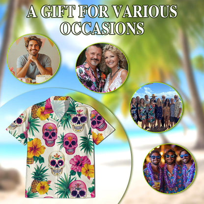 Netecom Sugar Skull Tropical Hawaiian Shirt for Men, Button Down Summer Beach Short Sleeve, Tropical Style, S-5XL