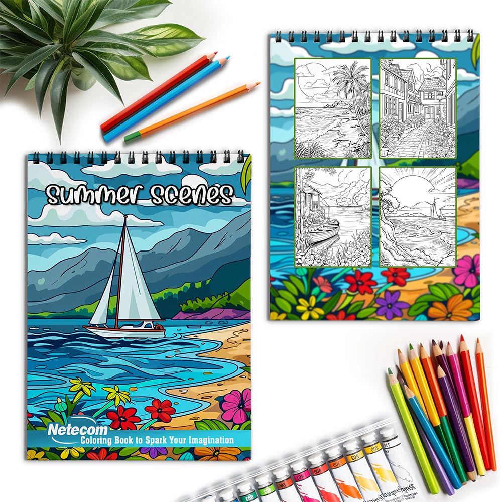 Netecom Summer Scenes Spiral Coloring Book for Adults