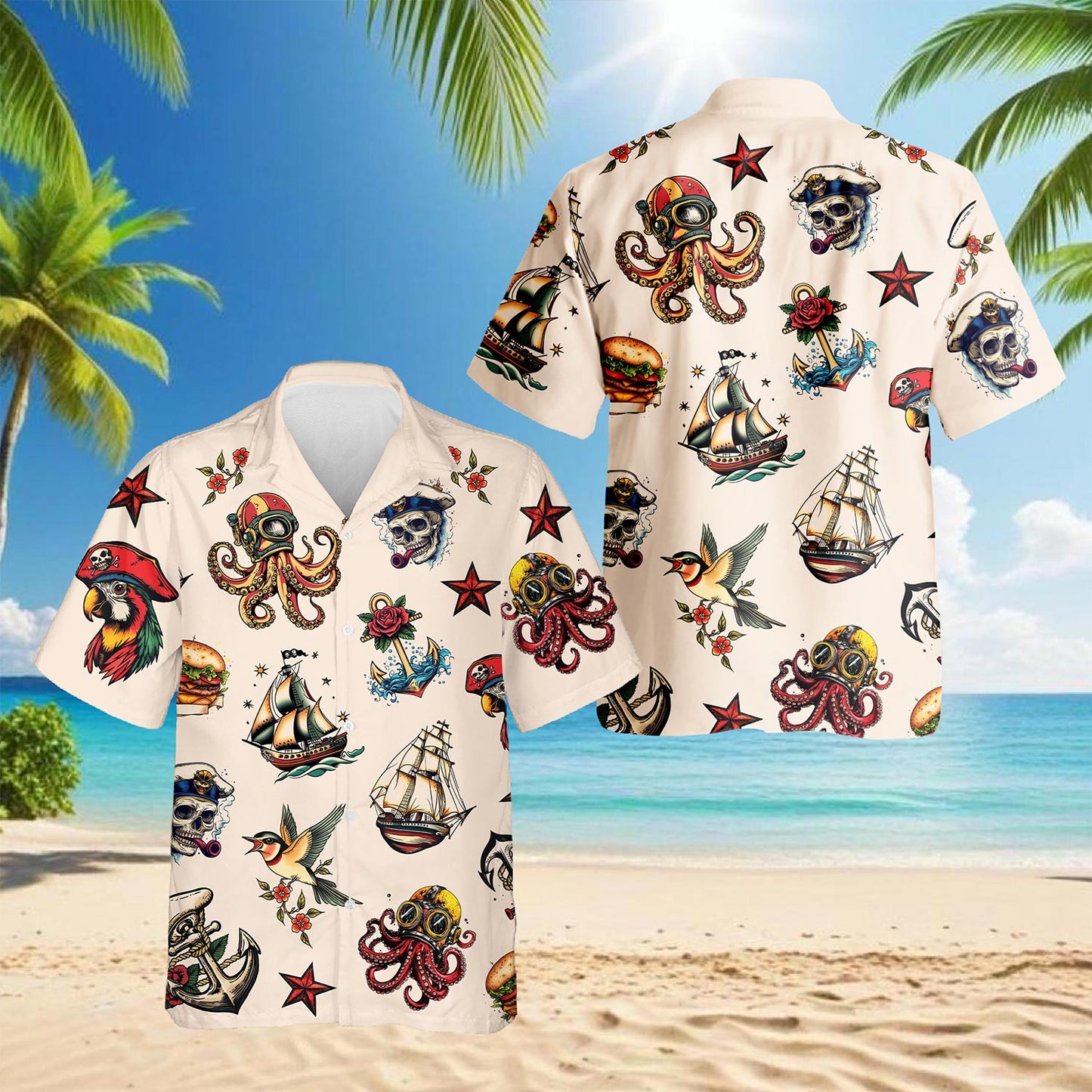 Netecom Summer Tattoos Hawaiian Shirt for Men, Button Down Summer Beach Short Sleeve, Retro Style, Sizes S-5XL