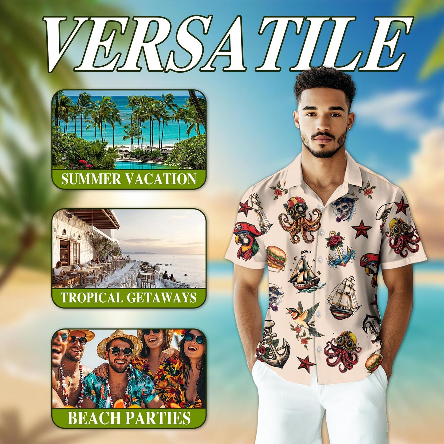 Netecom Summer Tattoos Hawaiian Shirt for Men, Button Down Summer Beach Short Sleeve, Retro Style, Sizes S-5XL