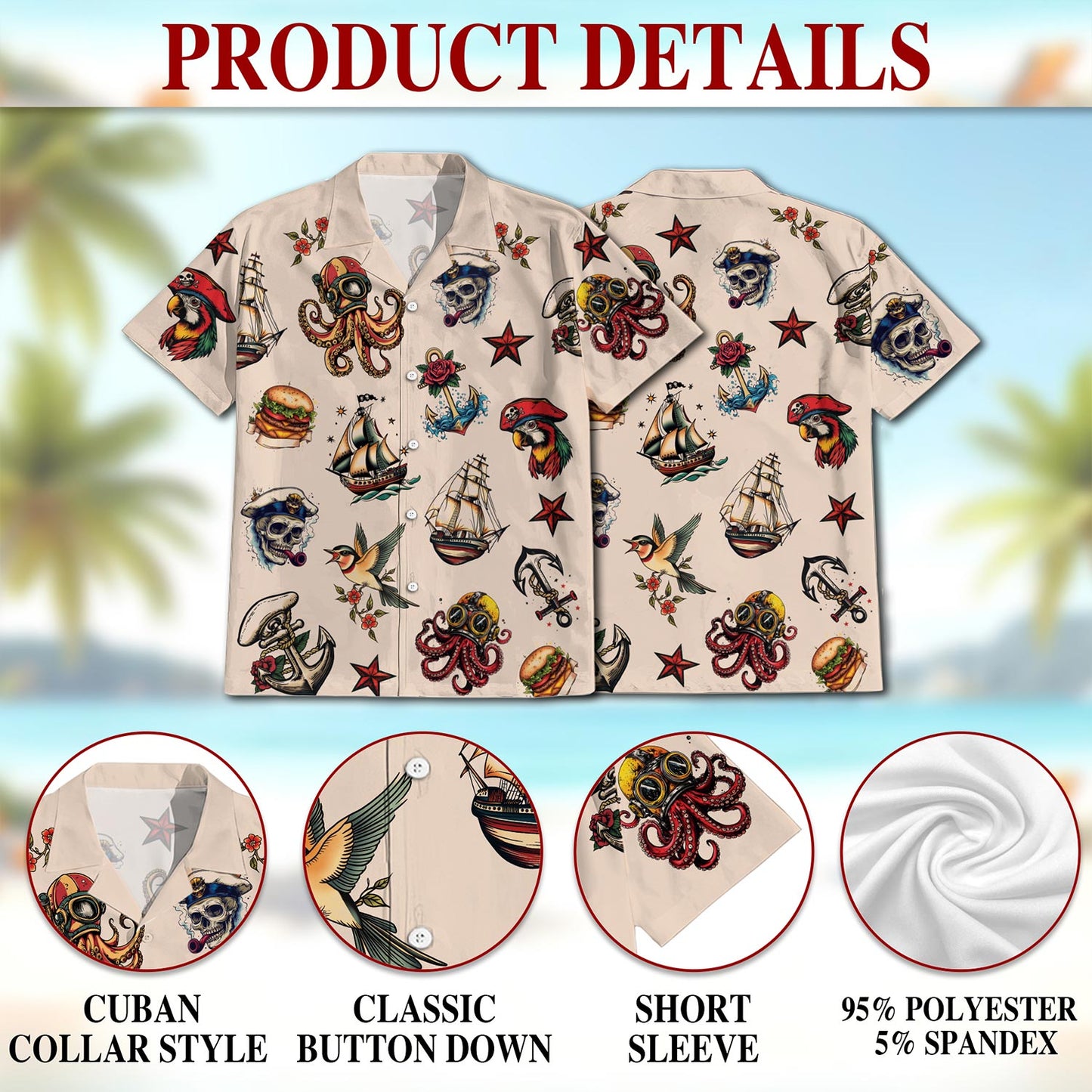 Netecom Summer Tattoos Hawaiian Shirt for Men, Button Down Summer Beach Short Sleeve, Retro Style, Sizes S-5XL