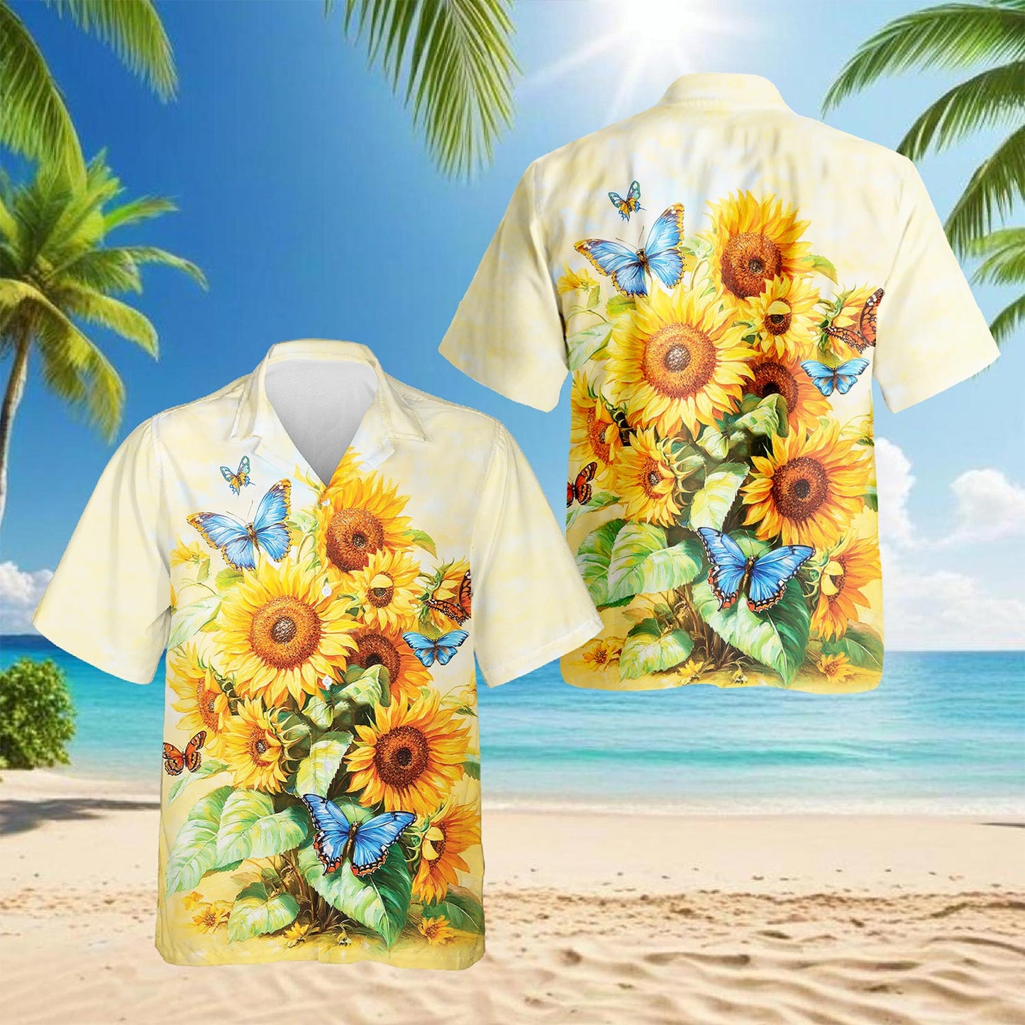 Netecom Sunflower Butterfly Hawaiian Shirt for Men, Button Down Summer Beach Short Sleeve, Floral Style, S-5XL