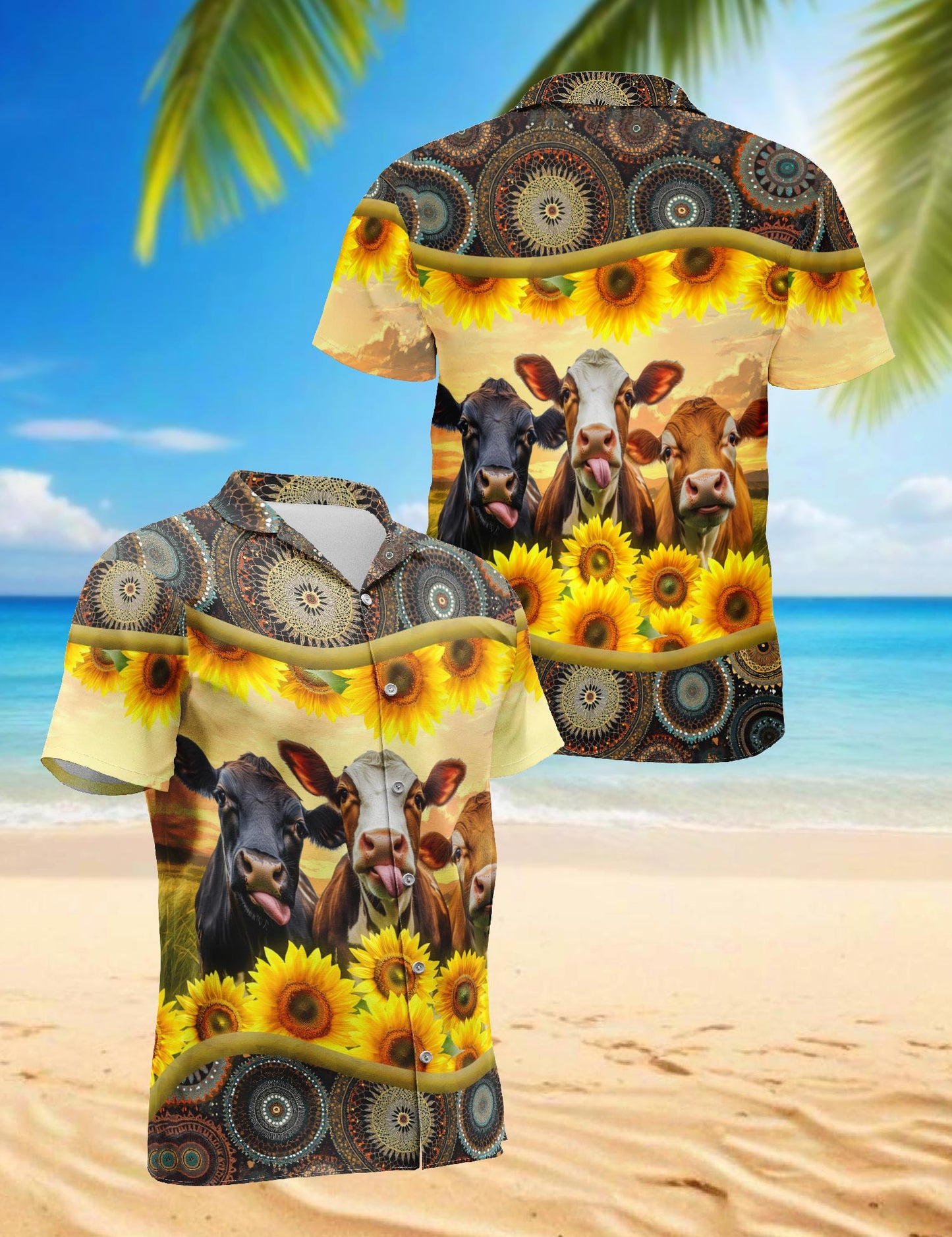 Netecom Sunflower Cattle Hawaiian Shirt for Men, Country Farm Style, Button Down Summer Beach Short Sleeve, S-5XL