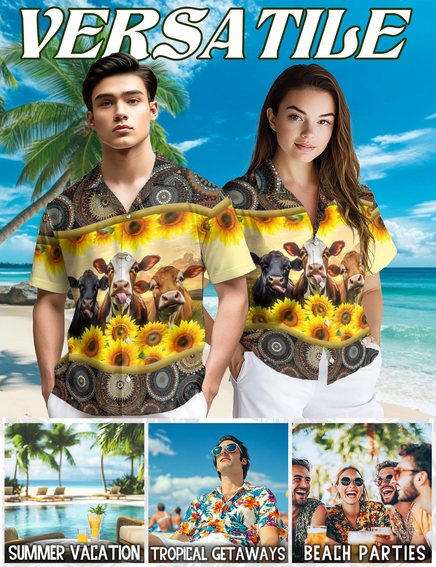 Netecom Sunflower Cattle Hawaiian Shirt for Men, Country Farm Style, Button Down Summer Beach Short Sleeve, S-5XL