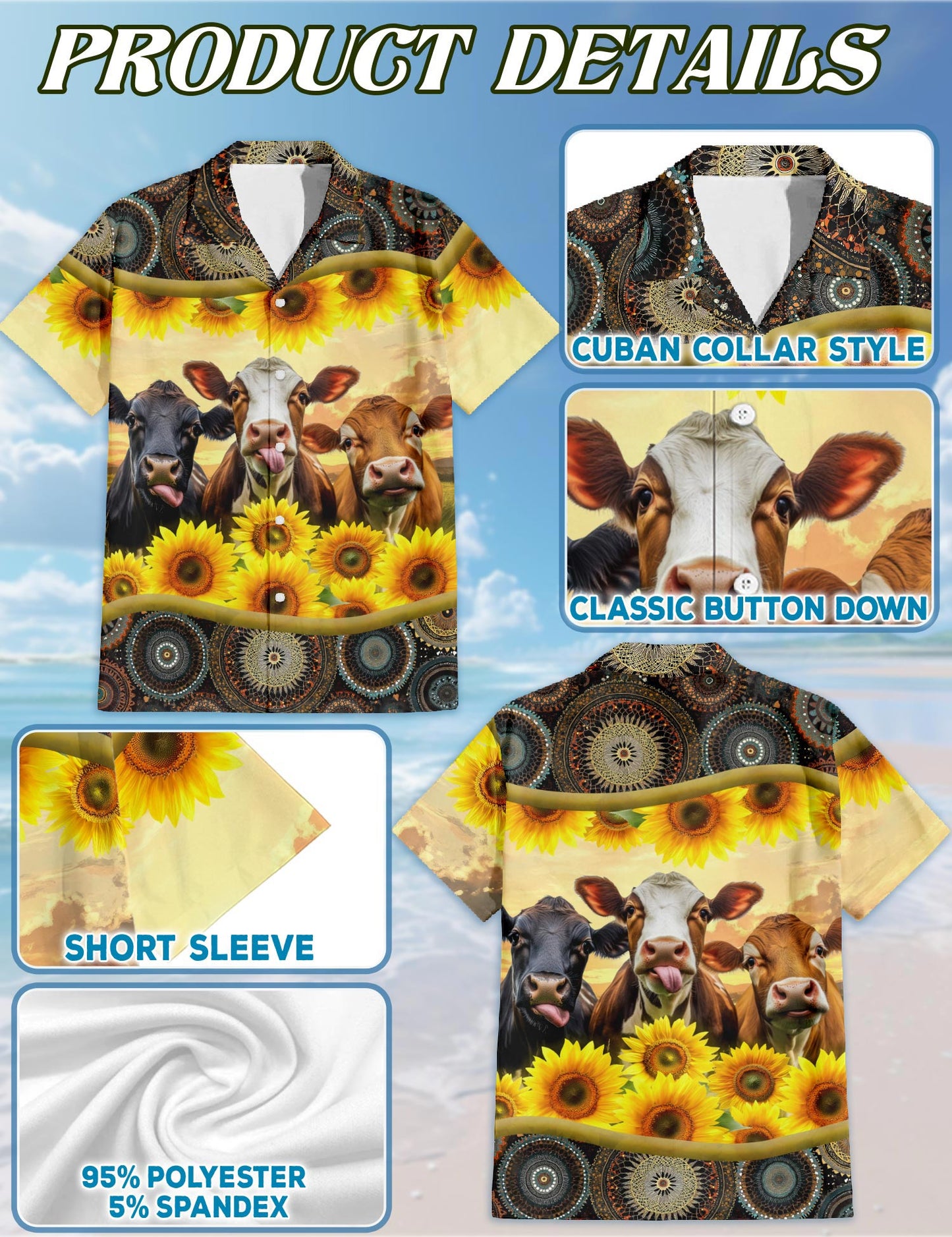Netecom Sunflower Cattle Hawaiian Shirt for Men, Country Farm Style, Button Down Summer Beach Short Sleeve, S-5XL