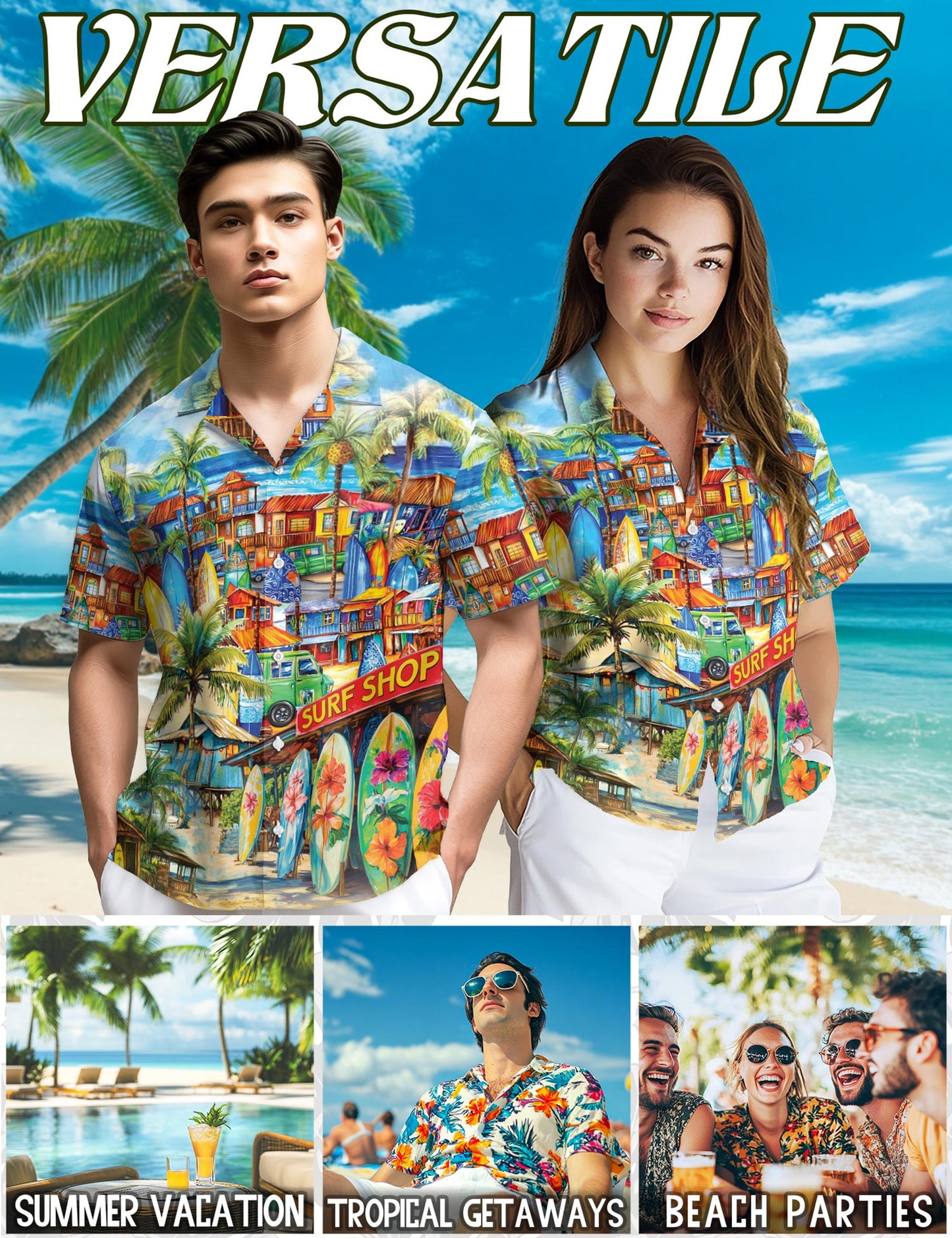 Netecom Surfboard And Surf Shack Hawaiian Shirt for Men, Tropical Style, Button Down Summer Beach Short Sleeve, S-5XL