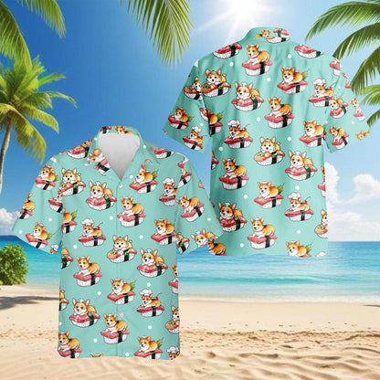 Netecom Sushi Corgi Hawaiian Shirt for Men, Vintage Style, Button Down Summer Beach Short Sleeve, S-5XL