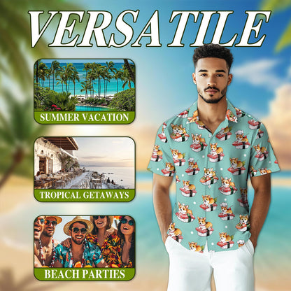 Netecom Sushi Corgi Hawaiian Shirt for Men, Vintage Style, Button Down Summer Beach Short Sleeve, S-5XL