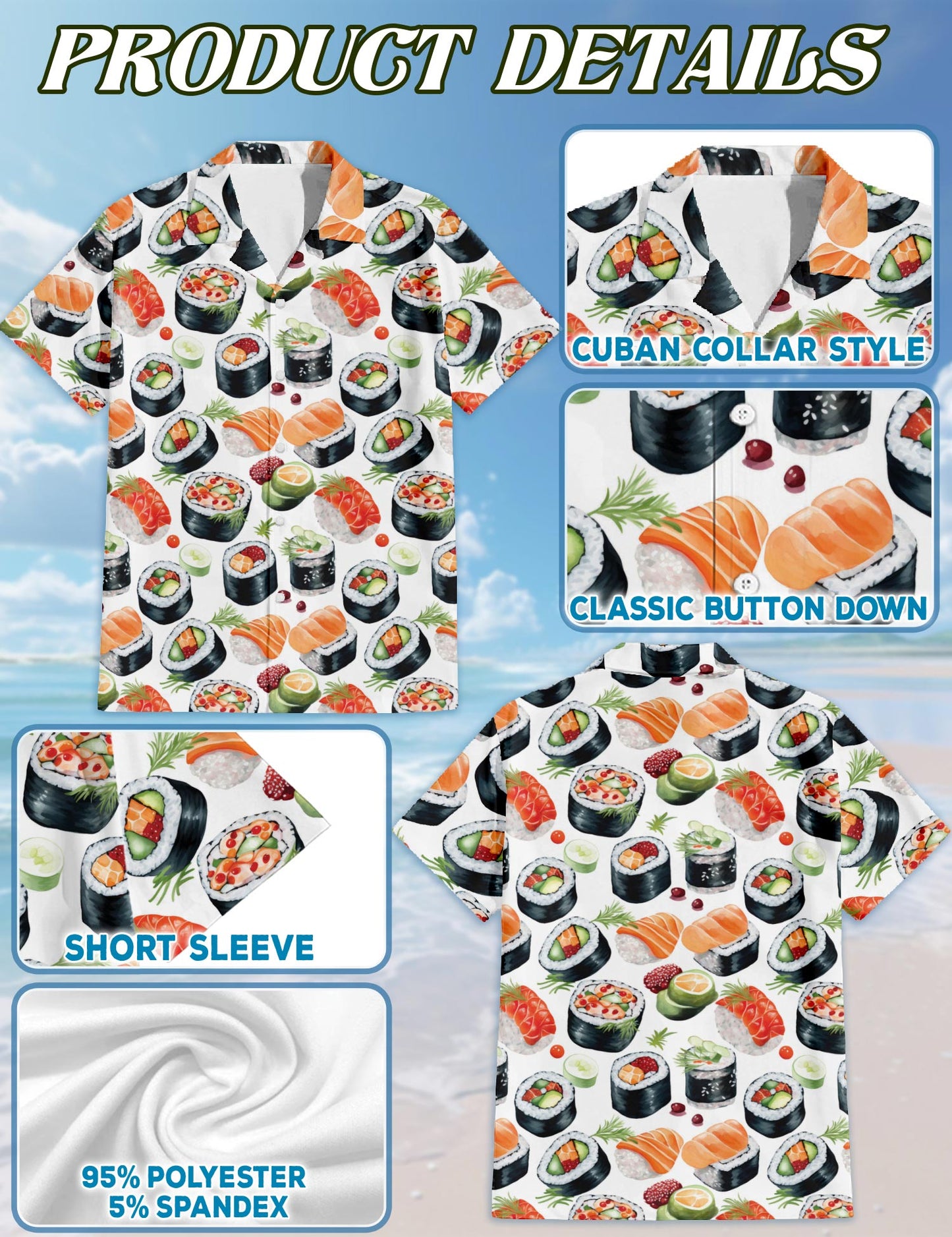 Netecom Sushi Hawaiian Shirt for Men, Retro Style, Tropical Summer Beach Button Down Short Sleeve Shirts, S-5XL