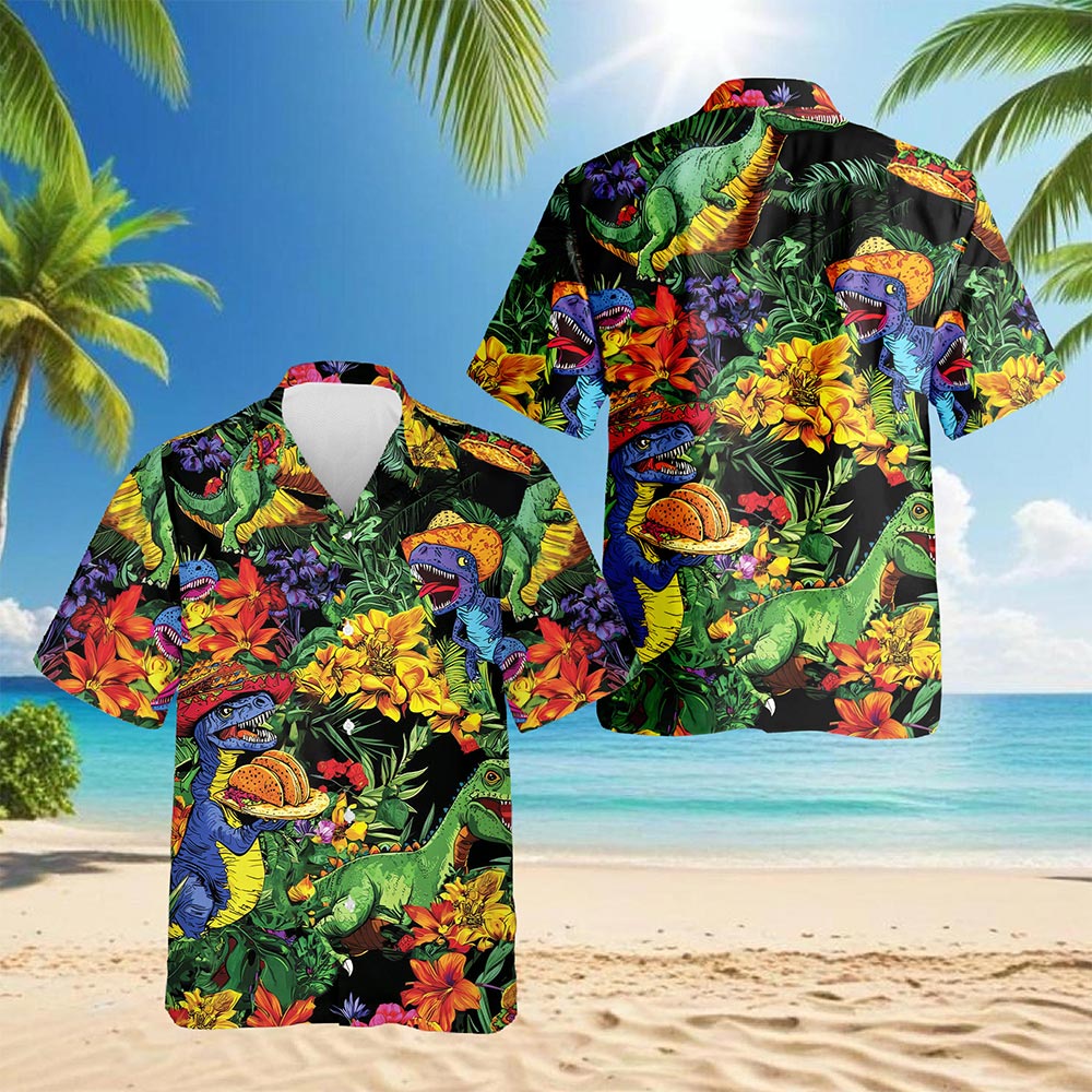 Netecom Taco Dinosaur T-rex Hawaiian Shirt for Men, Button Down Summer Beach Short Sleeve, Floral Style, S-5XL