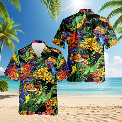 Netecom Taco Dinosaur T-rex Hawaiian Shirt for Men, Button Down Summer Beach Short Sleeve, Floral Style, S-5XL