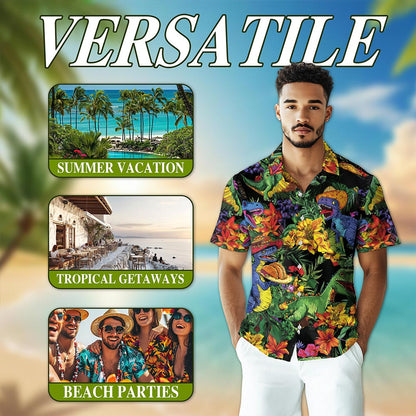 Netecom Taco Dinosaur T-rex Hawaiian Shirt for Men, Button Down Summer Beach Short Sleeve, Floral Style, S-5XL