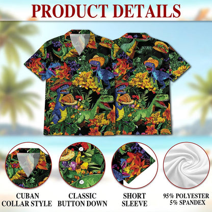 Netecom Taco Dinosaur T-rex Hawaiian Shirt for Men, Button Down Summer Beach Short Sleeve, Floral Style, S-5XL