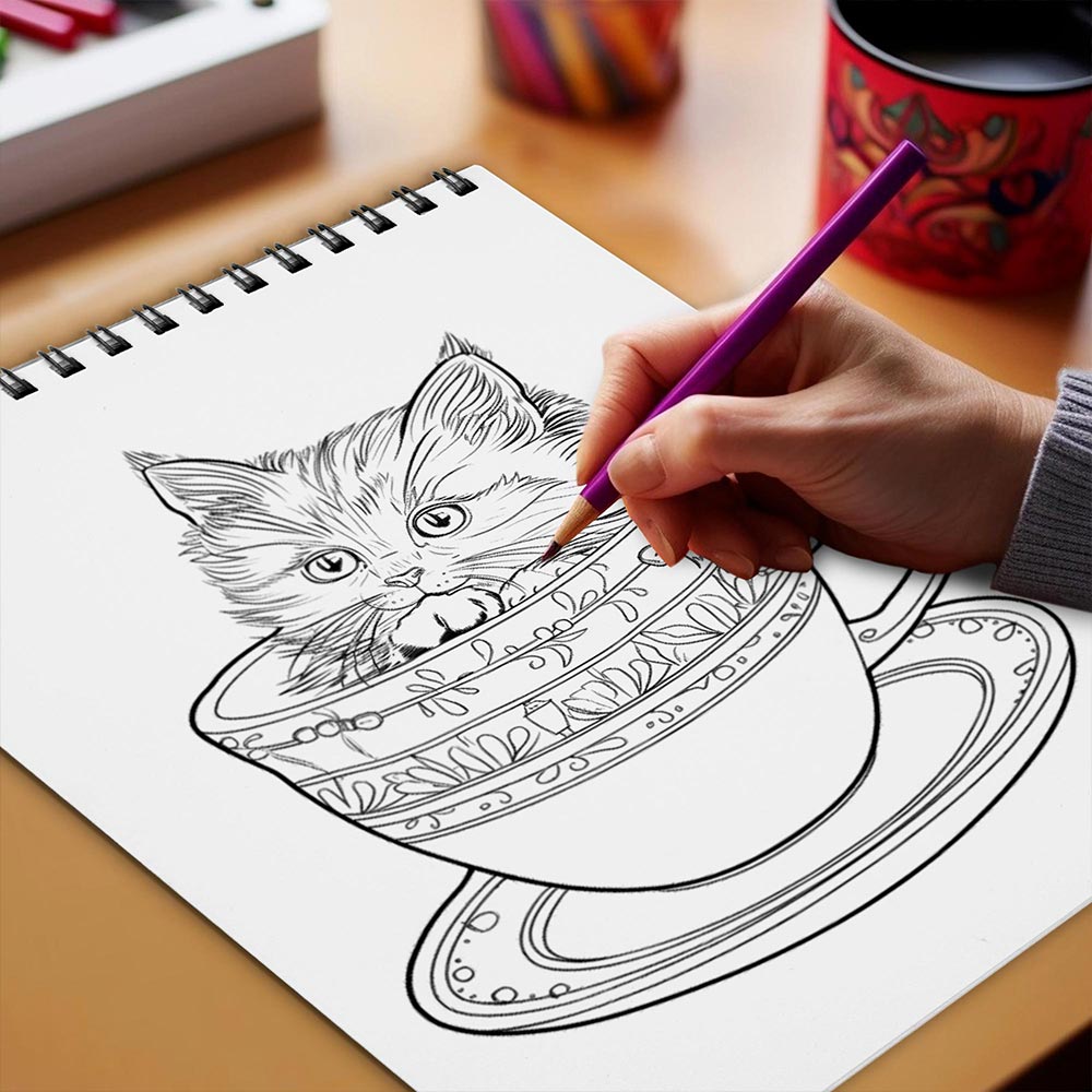 Netecom Teacup Kittens Coloring Book Spiral Bound for Adults