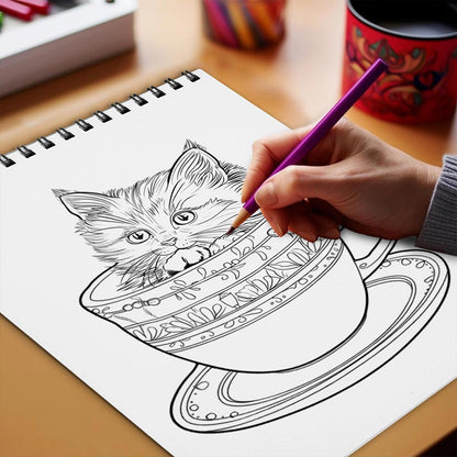 Netecom Teacup Kittens Coloring Book Spiral Bound for Adults
