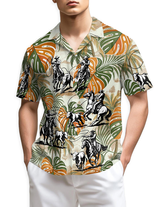 Netecom Team Roping Colorful Leaves Tropical Hawaiian Shirt for Men