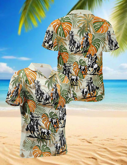 Netecom Team Roping Colorful Leaves Tropical Hawaiian Shirt for Men, Western Aloha Rodeo Style, Button Down Summer Beach Short Sleeve, S-5XL
