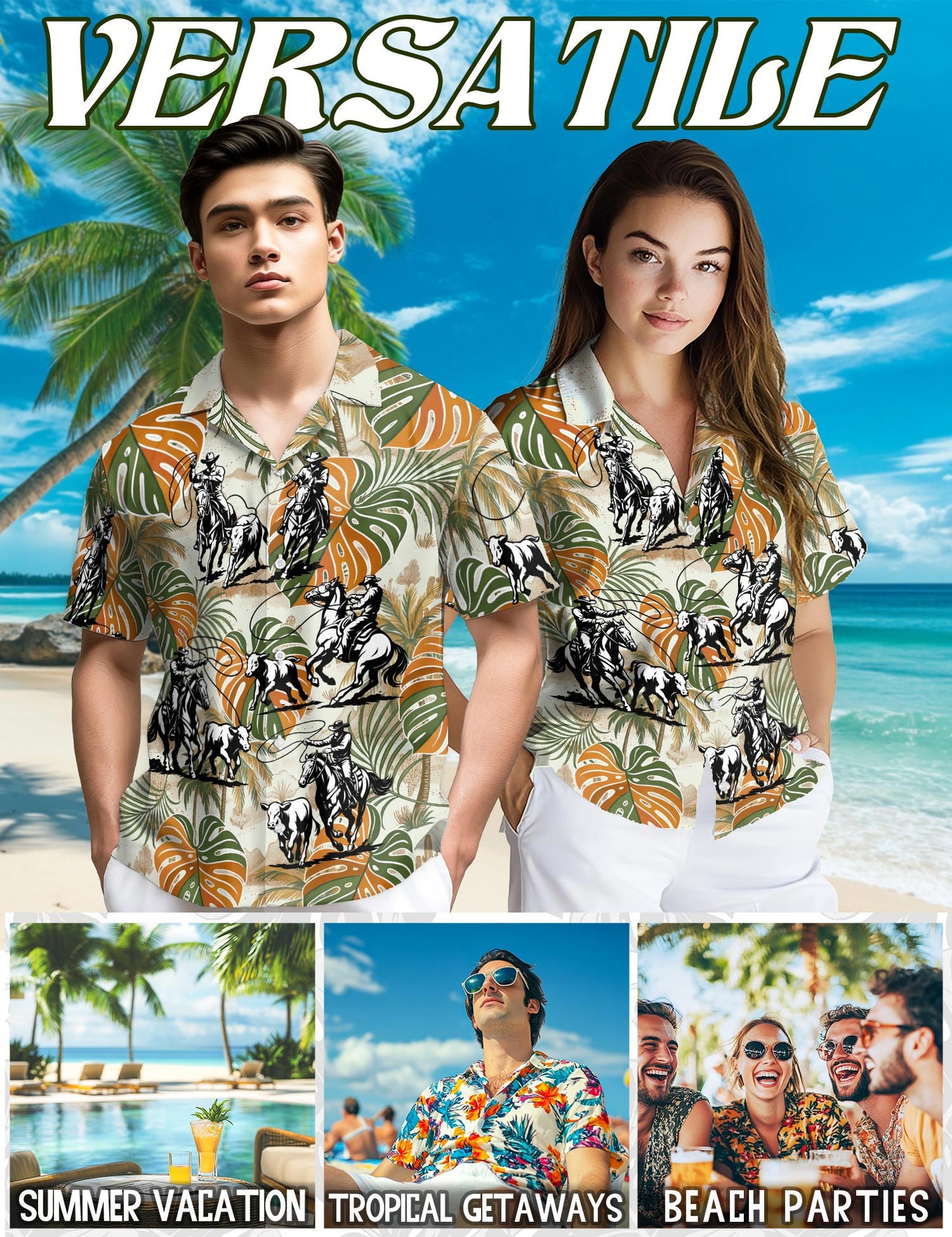 Netecom Team Roping Colorful Leaves Tropical Hawaiian Shirt for Men, Western Aloha Rodeo Style, Button Down Summer Beach Short Sleeve, S-5XL