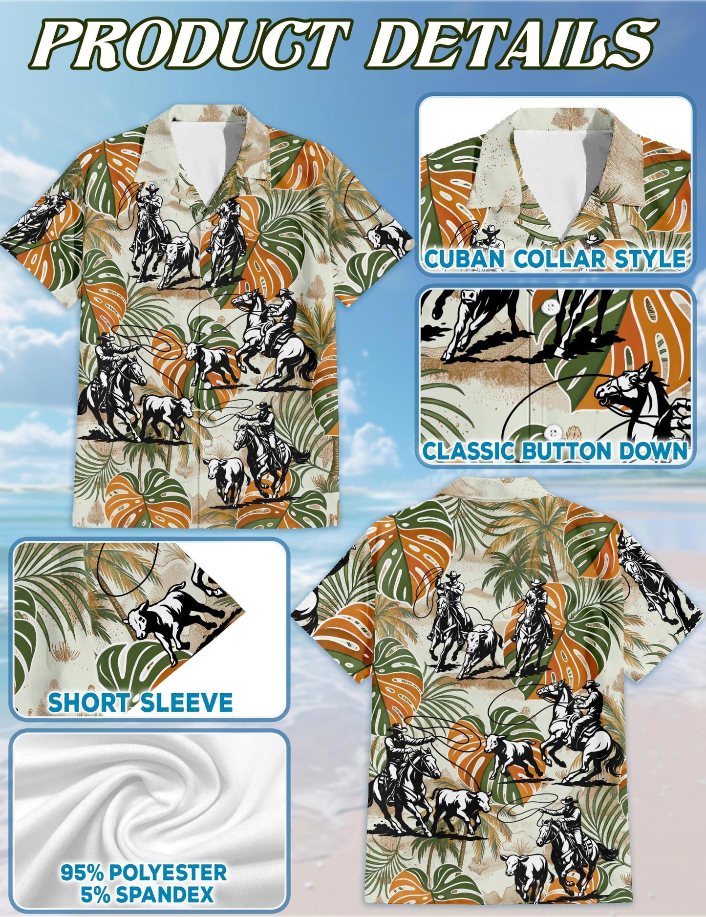 Netecom Team Roping Colorful Leaves Tropical Hawaiian Shirt for Men, Western Aloha Rodeo Style, Button Down Summer Beach Short Sleeve, S-5XL