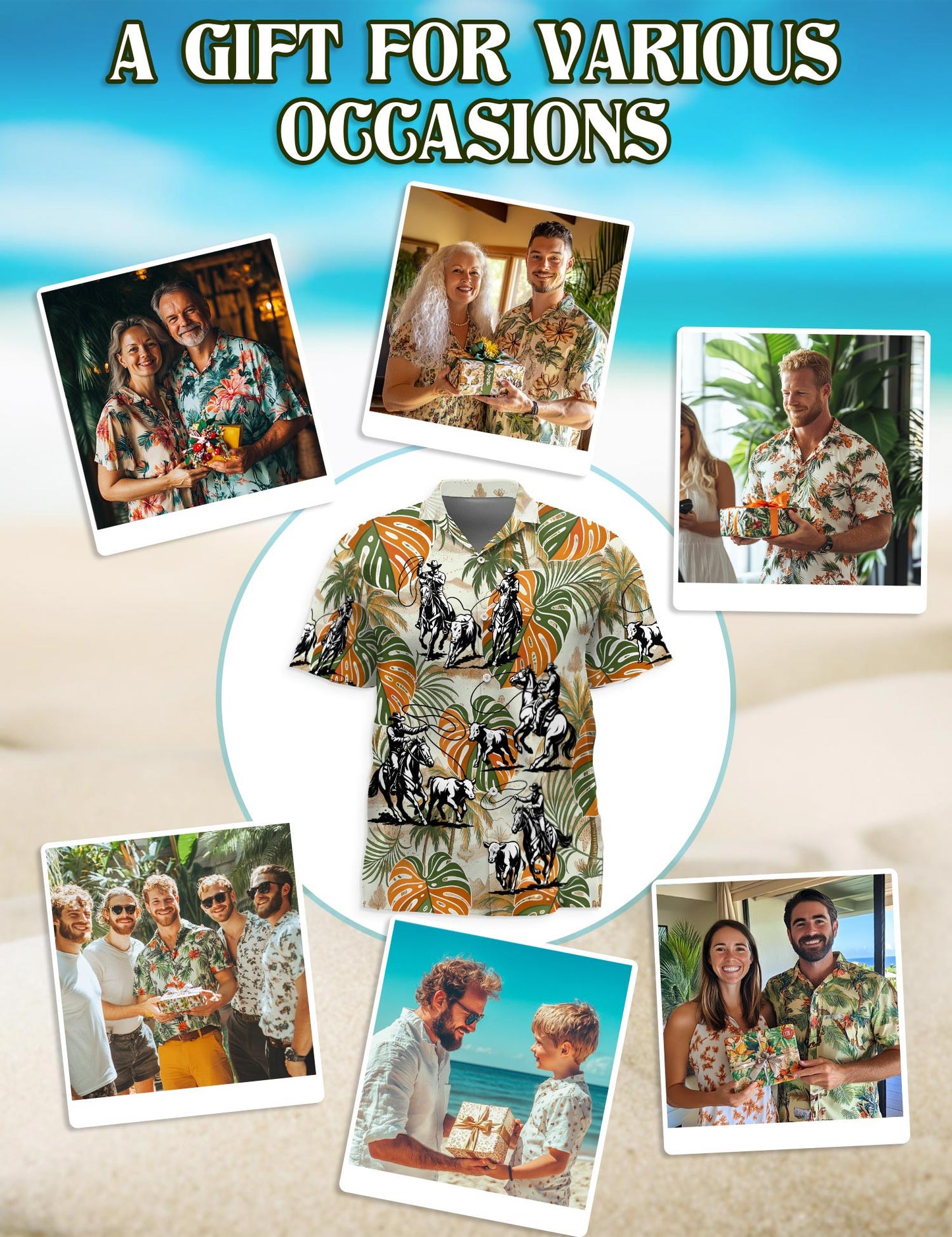 Netecom Team Roping Colorful Leaves Tropical Hawaiian Shirt for Men, Western Aloha Rodeo Style, Button Down Summer Beach Short Sleeve, S-5XL