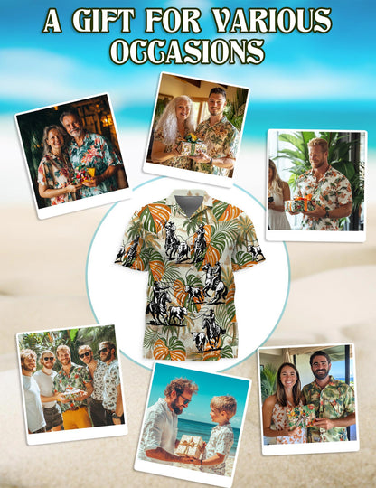 Netecom Team Roping Colorful Leaves Tropical Hawaiian Shirt for Men, Western Aloha Rodeo Style, Button Down Summer Beach Short Sleeve, S-5XL