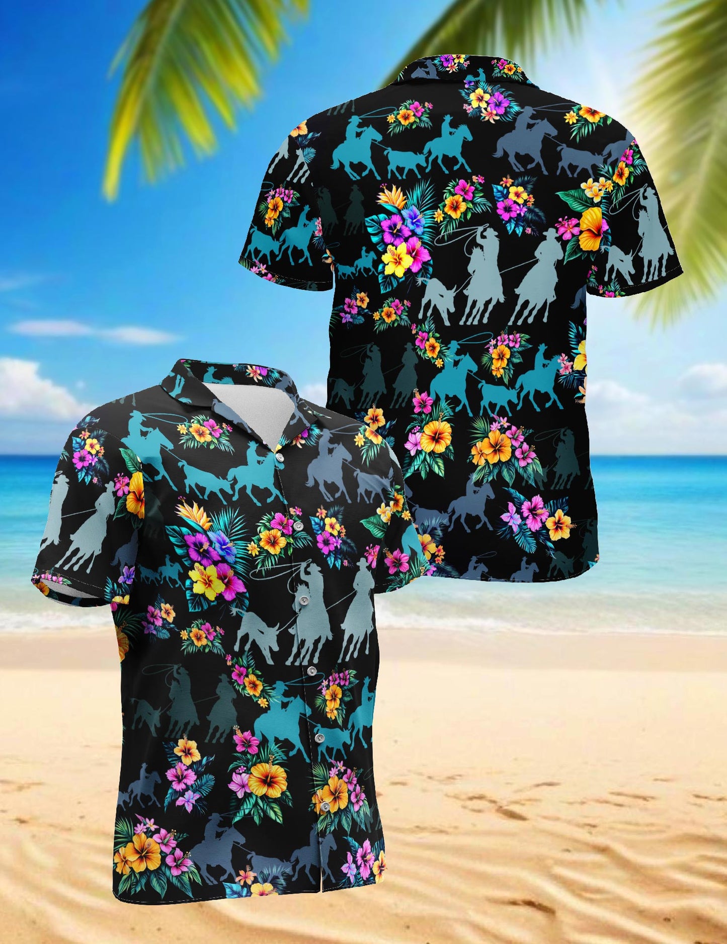 Netecom Team Roping Hawaiian Shirt for Men, Tropical Style, Button Down Summer Beach Short Sleeve, S-5XL