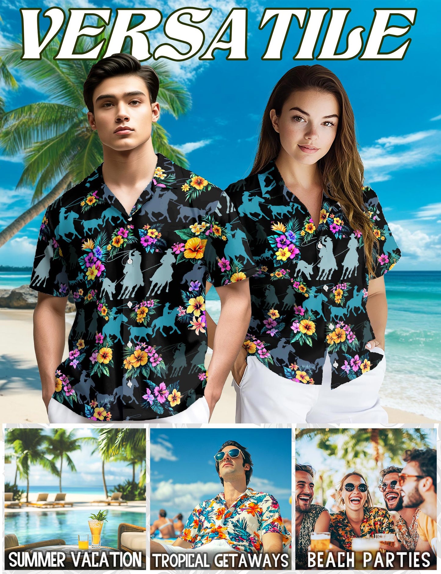 Netecom Team Roping Hawaiian Shirt for Men, Tropical Style, Button Down Summer Beach Short Sleeve, S-5XL