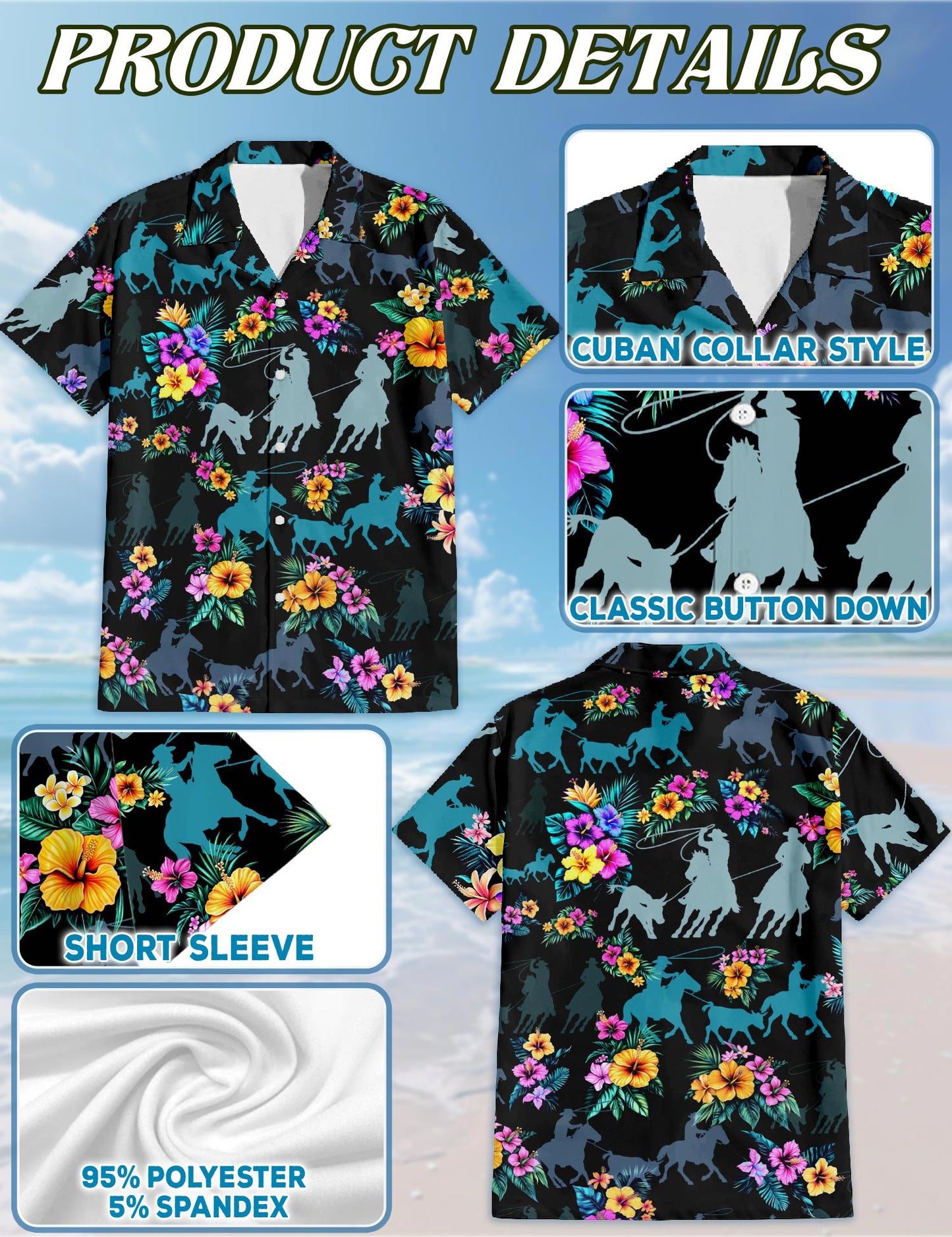 Netecom Team Roping Hawaiian Shirt for Men, Tropical Style, Button Down Summer Beach Short Sleeve, S-5XL