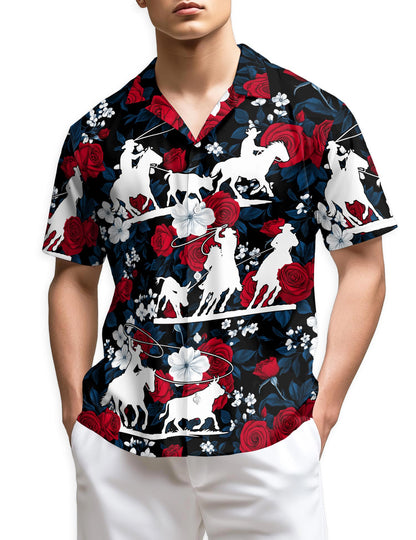 Netecom Team Roping Red Rose Hawaiian Shirt for Men