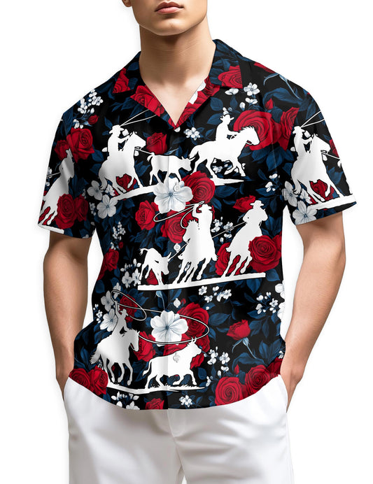 Netecom Team Roping Red Rose Hawaiian Shirt for Men