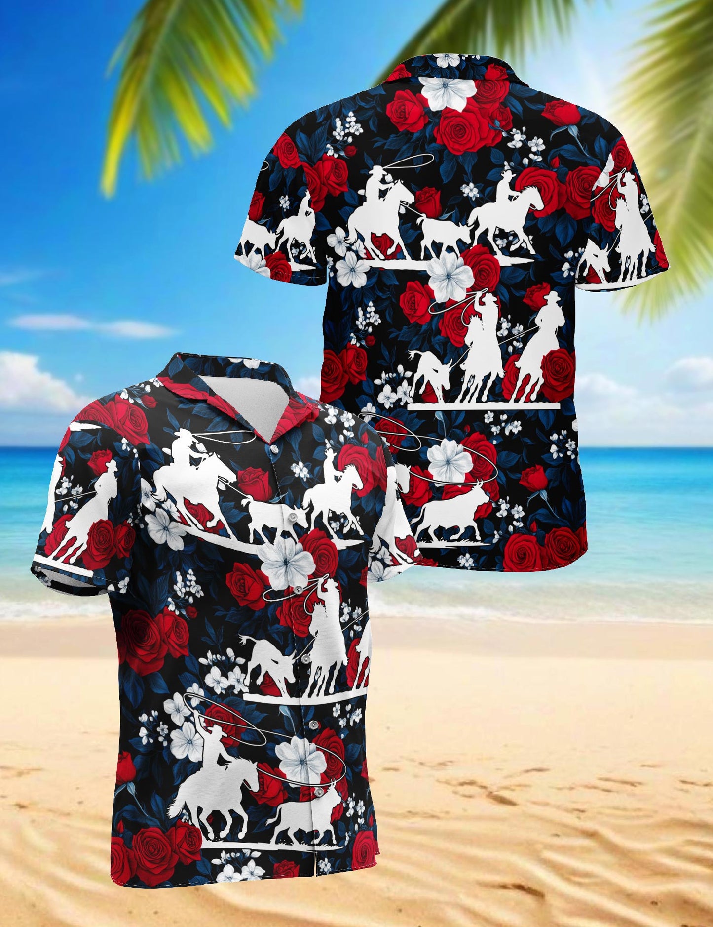 Netecom Team Roping Red Rose Hawaiian Shirt for Men, Western Cowboy Rodeo Style, Button Down Summer Beach Short Sleeve, S-5XL