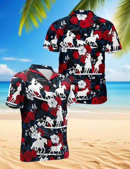 Netecom Team Roping Red Rose Hawaiian Shirt for Men, Western Cowboy Rodeo Style, Button Down Summer Beach Short Sleeve, S-5XL