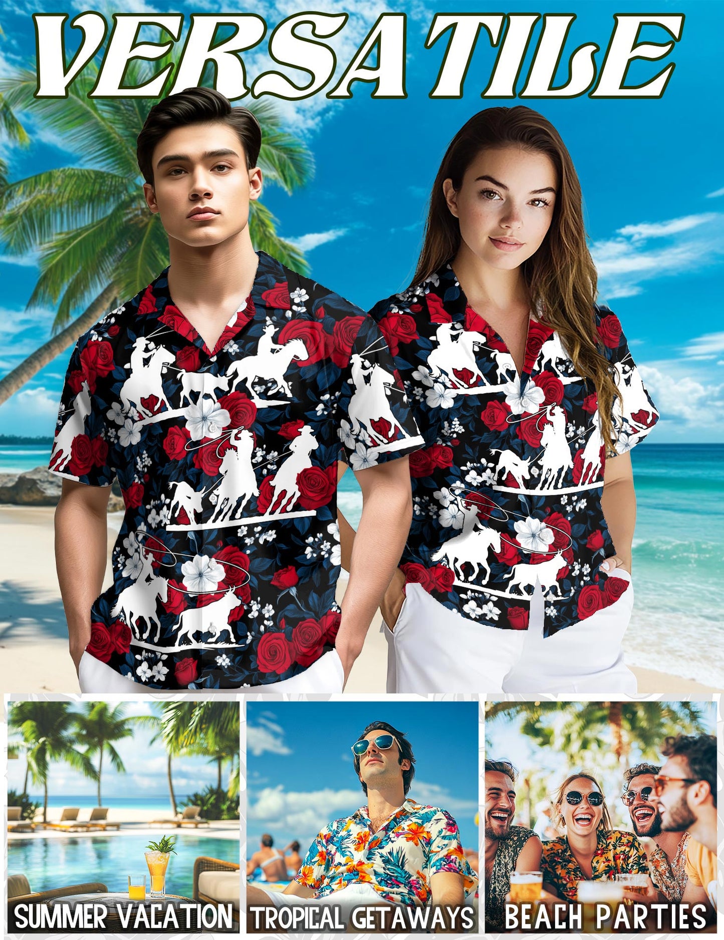 Netecom Team Roping Red Rose Hawaiian Shirt for Men, Western Cowboy Rodeo Style, Button Down Summer Beach Short Sleeve, S-5XL