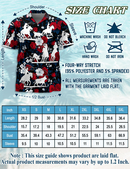 Netecom Team Roping Red Rose Hawaiian Shirt for Men, Western Cowboy Rodeo Style, Button Down Summer Beach Short Sleeve, S-5XL