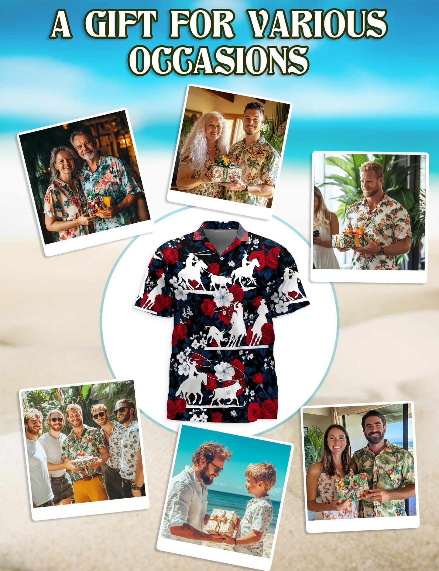 Netecom Team Roping Red Rose Hawaiian Shirt for Men, Western Cowboy Rodeo Style, Button Down Summer Beach Short Sleeve, S-5XL