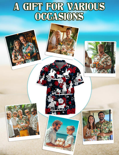 Netecom Team Roping Red Rose Hawaiian Shirt for Men, Western Cowboy Rodeo Style, Button Down Summer Beach Short Sleeve, S-5XL