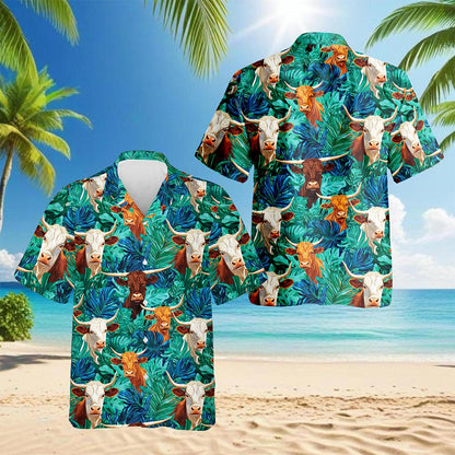 Netecom Texas Longhorn Cattle Hawaiian Shirt for Men, Tropical Button Down Summer Beach Short Sleeve, Cow Lovers Gift, S-5XL