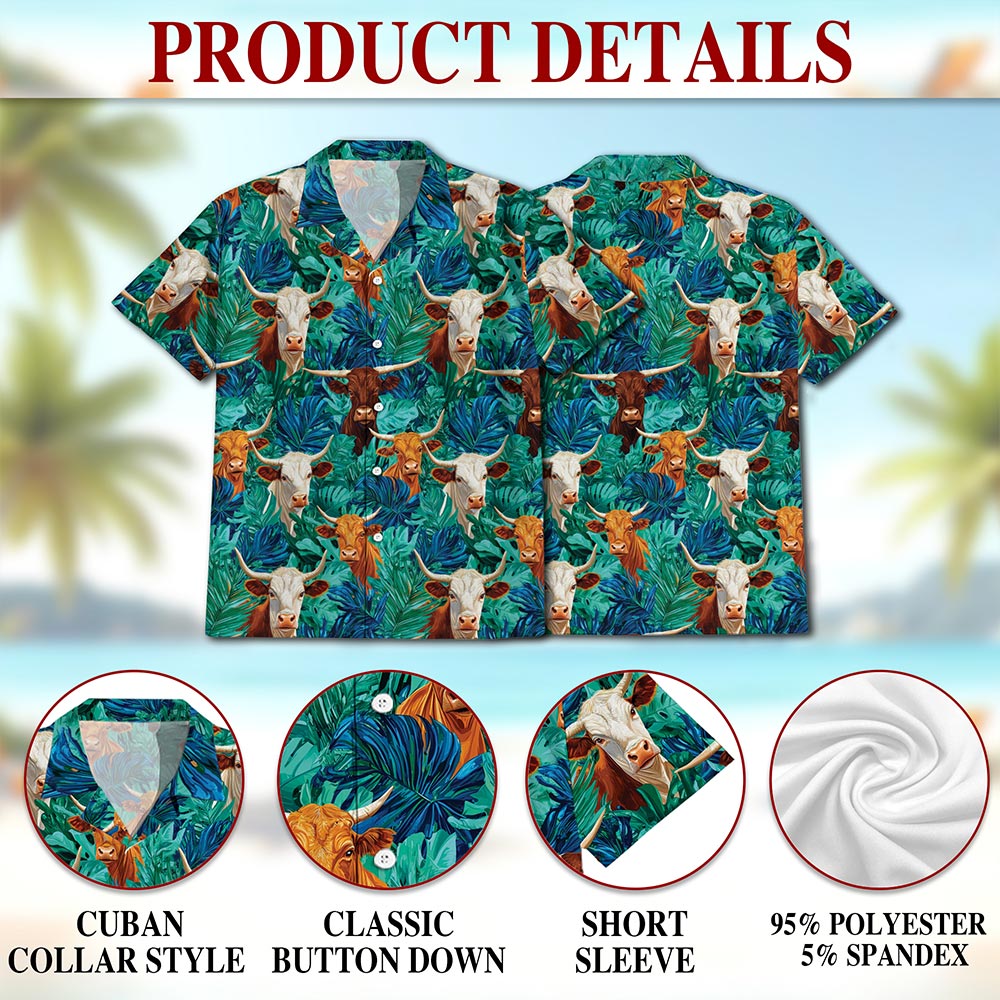 Netecom Texas Longhorn Cattle Hawaiian Shirt for Men, Tropical Button Down Summer Beach Short Sleeve, Cow Lovers Gift, S-5XL