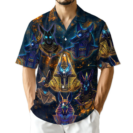 Netecom The Egyptian God Anubis Geometry Black Hawaiian Shirt for Men