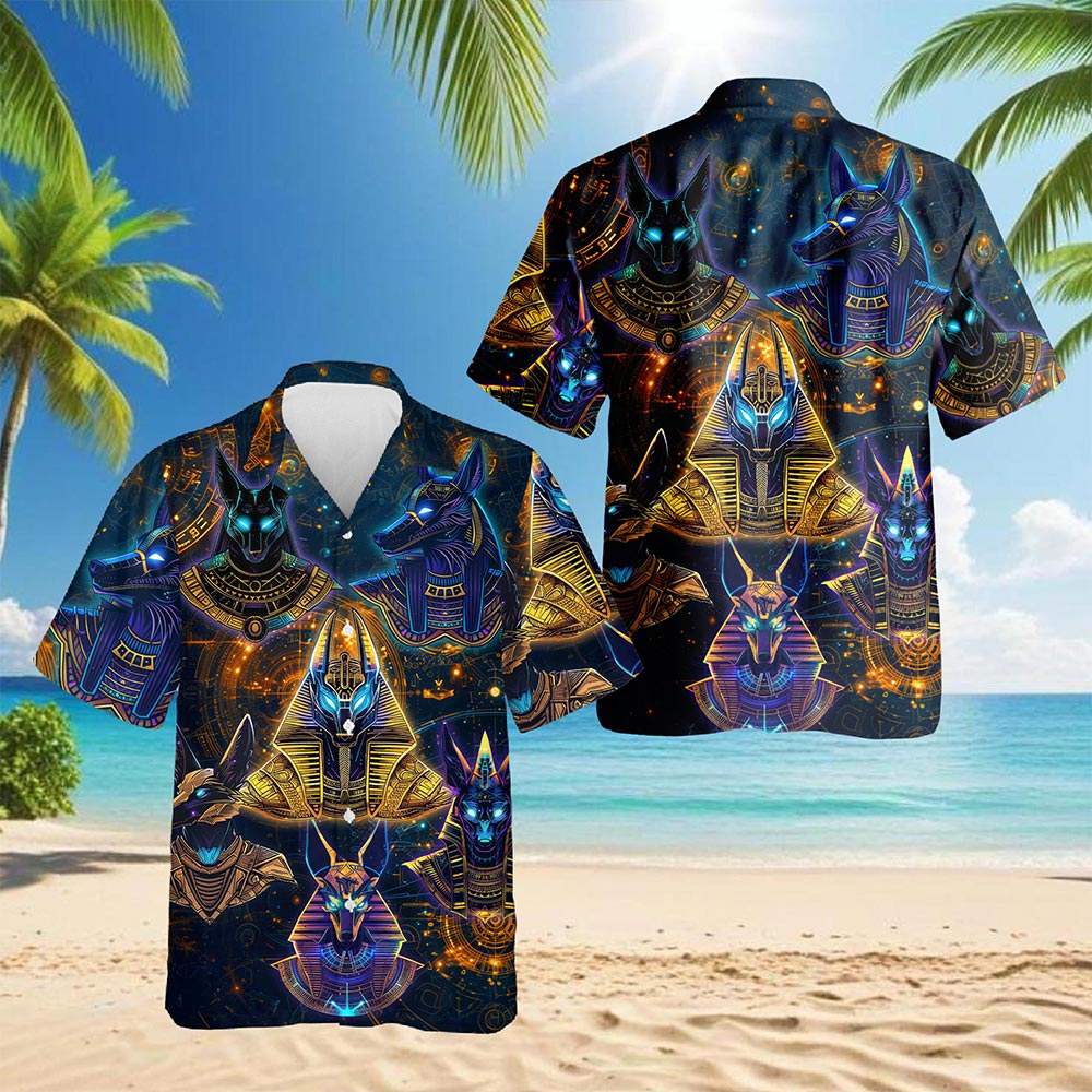 Netecom The Egyptian God Anubis Geometry Black Hawaiian Shirt for Men, Vintage Button Down Summer Beach Shirts, S-5XL