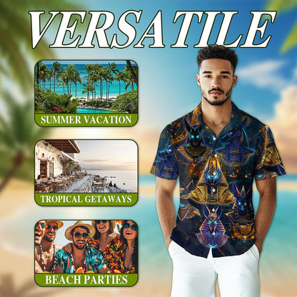 Netecom The Egyptian God Anubis Geometry Black Hawaiian Shirt for Men, Vintage Button Down Summer Beach Shirts, S-5XL