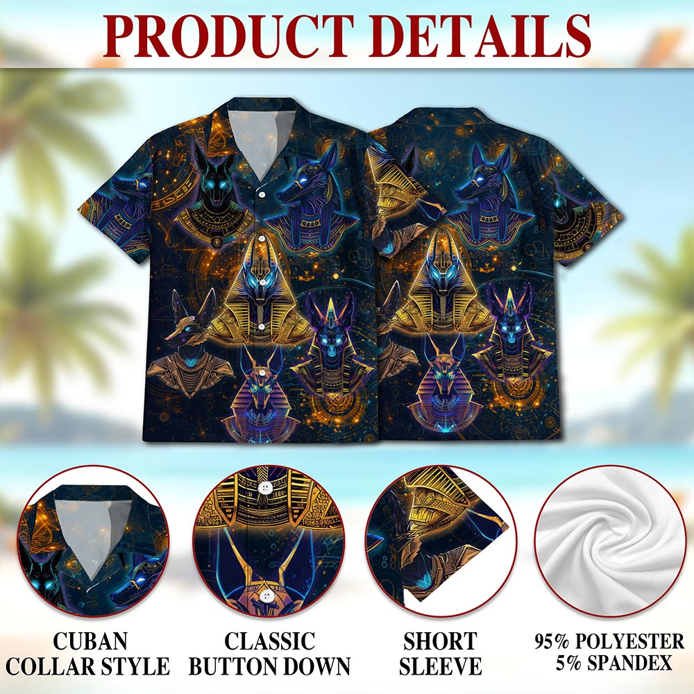 Netecom The Egyptian God Anubis Geometry Black Hawaiian Shirt for Men, Vintage Button Down Summer Beach Shirts, S-5XL