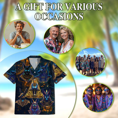 Netecom The Egyptian God Anubis Geometry Black Hawaiian Shirt for Men, Vintage Button Down Summer Beach Shirts, S-5XL
