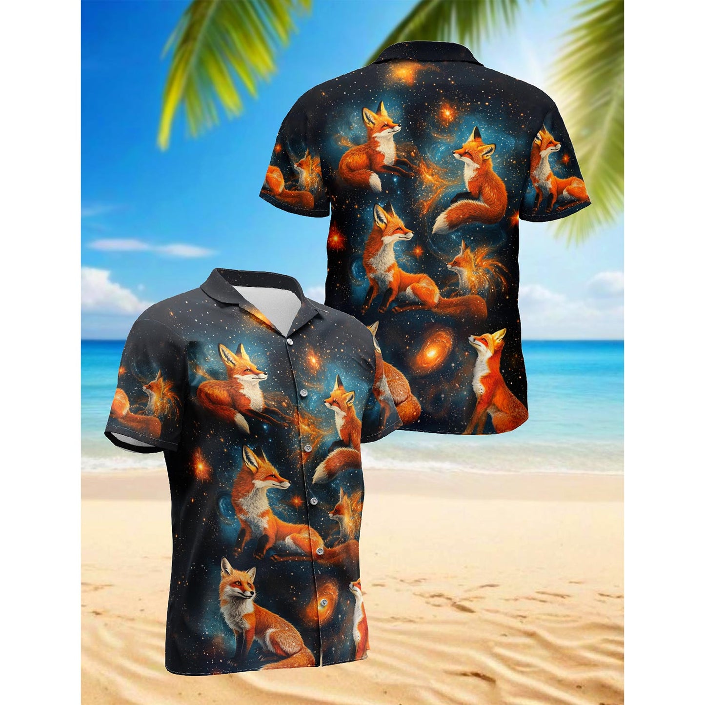 Netecom The Fox In The Starlight Edition Hawaiian Shirt for Men, Button Down Summer Beach Short Sleeve, Sizes S-5XL