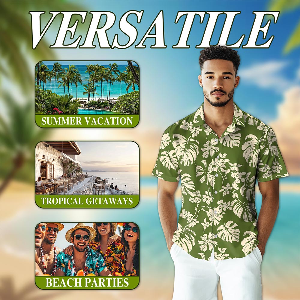 Netecom Tiare Garden Hawaiian Shirt for Men, Tropical Style, Button Down Summer Beach Short Sleeve, S-5XL