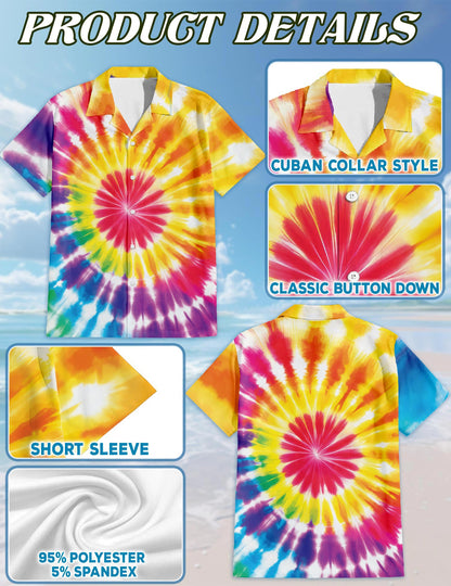 Netecom Tie Dye Hawaiian Shirt for Men, Button Down Summer Beach Short Sleeve, Sizes S-5XL