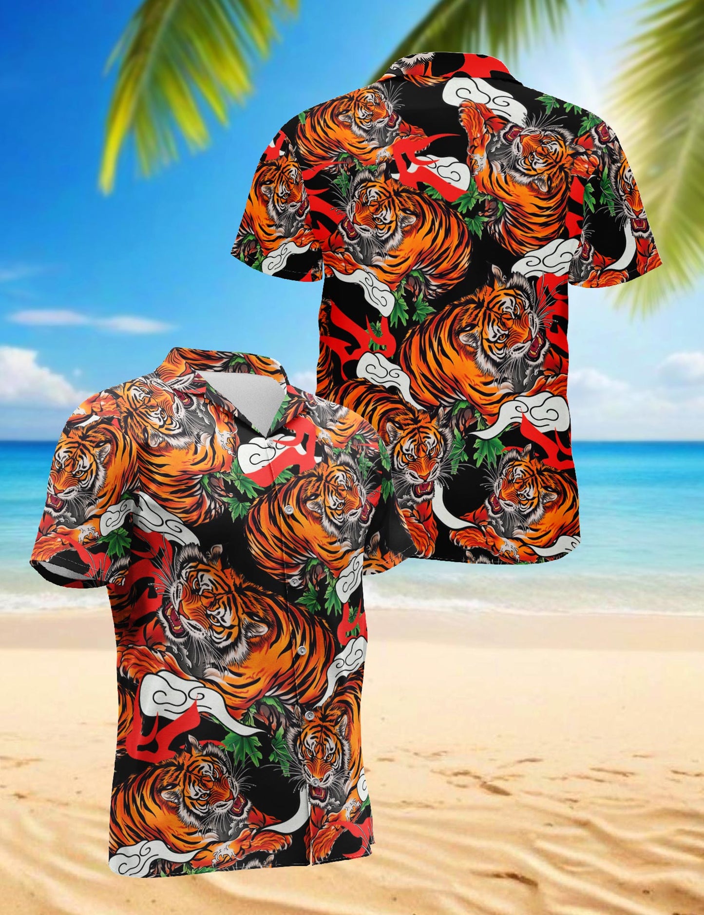 Netecom Tiger Japanese Hawaiian Shirt for Men, Button Down Summer Beach Short Sleeve, S-5XL
