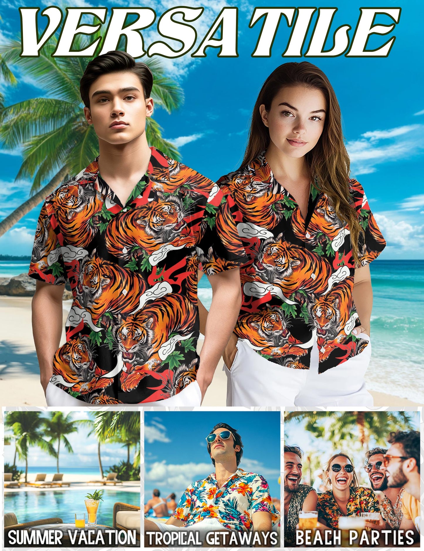 Netecom Tiger Japanese Hawaiian Shirt for Men, Button Down Summer Beach Short Sleeve, S-5XL