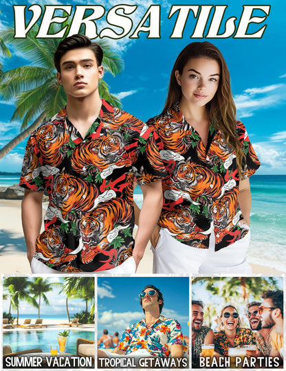 Netecom Tiger Japanese Hawaiian Shirt for Men, Button Down Summer Beach Short Sleeve, S-5XL
