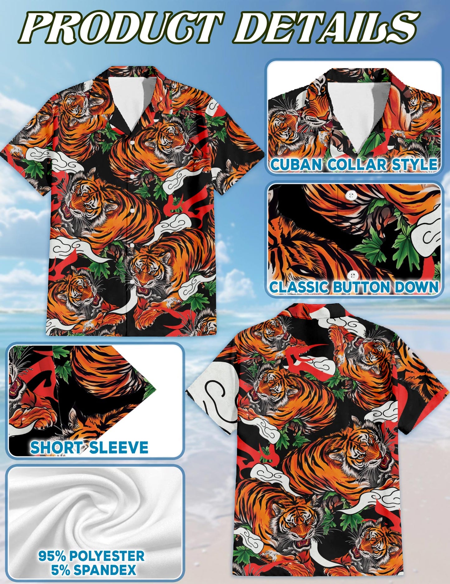 Netecom Tiger Japanese Hawaiian Shirt for Men, Button Down Summer Beach Short Sleeve, S-5XL
